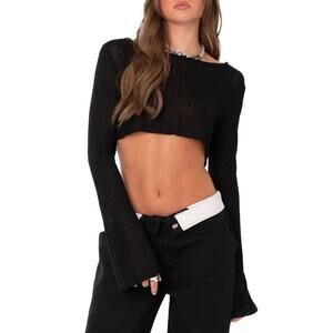 NWT Edikted Women’s Sheer Raw Hem Crop Top - Black - Size S